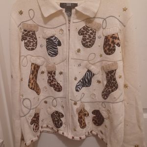 SEGUE CHRISTMAS SWEATER ANIMAL PRINT MITTENS CREAM BEADED SIZE L LG WOMAN UGLY